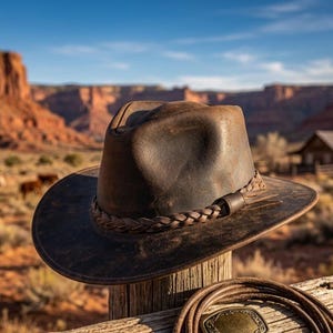 May include: A dark brown leather hat with a distressed finish and a braided leather hatband. The hat features a pinched crown and a wide brim, resting on a wooden post next to a coiled leather rope with a metallic buckle detail.