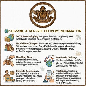 May include: A circular logo featuring a brown fedora-wearing figure with wings above the text WaleedCrafts PK, surrounded by a rope border. Below, text details shipping and tax-free delivery policies, accompanied by icons of coins, a gift, a globe, and a delivery van.