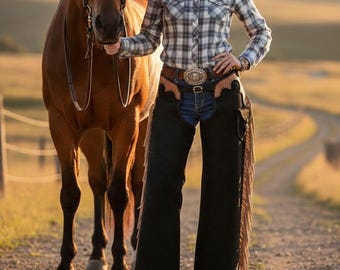 Handmade Black Suede Leather Cowboy Chaps - Western Rodeo Riding Chaps with Fringes & Pocket