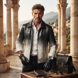Pode incluir: Uma jaqueta de couro com textura de crocodilo em degradê preto e branco sobre uma camisa branca de botões, com calças pretas e luvas de couro pretas. Uma pasta de couro escura, um passaporte e óculos de sol sobre uma superfície de madeira.