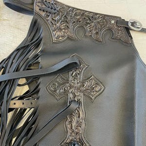 Handmade Floral Tooled Leather Chaps | Unisex Western Rodeo Riding Pants with Fringe image 1