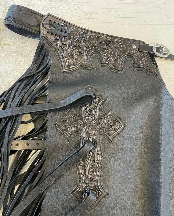 Handmade Floral Tooled Leather Chaps | Unisex Western Rodeo Riding Pants with Fringe