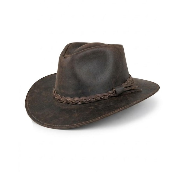 Handmade Distressed Genuine Leather Cowboy Hat | Brown Outback Western Style Bush Hat