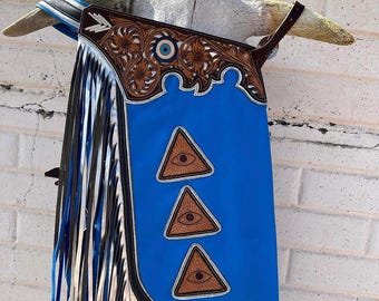 Gambali da rodeo in pelle fatti a mano con occhio di Allah / Gambali da spettacolo western personalizzati unisex
