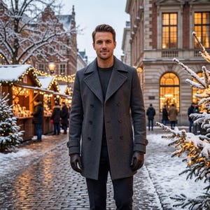 May include: A charcoal gray double-breasted wool coat with wide lapels and dark buttons, worn over a dark sweater and dark trousers. The coat features long sleeves with buttoned cuffs and is paired with dark brown leather gloves.