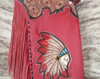 Chaparreras de rodeo de cuero rojo hechas a mano / Chaparreras de motociclista estilo western unisex con flecos de piel auténtica