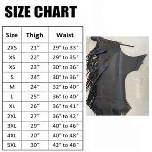 May include: A black leather chaps garment featuring long fringe, decorative embossed cross detailing, and an adjustable buckle strap. Next to the chaps is a size chart table listing sizes from 2XS to 5XL with corresponding thigh and waist measurements in inches.