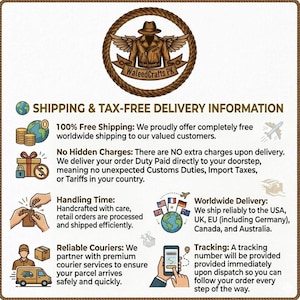 May include: An informational graphic featuring the WaleedCrafts PK logo, a brown leather jacket icon with wings, and text detailing shipping policies, including free worldwide delivery, no hidden charges, handling times, and tracking information.