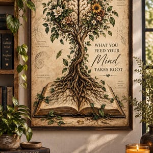 May include: A framed wall art print featuring a tree with a human brain as its canopy, rooted in an open book. The text reads: What you feed your mind takes root, along with smaller phrases like Think, Learn, Grow, Heal, Evolve and Curiosity creates new pathways.
