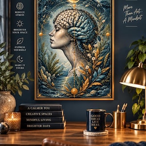 Könnte beinhalten: Ein gerahmter Kunstdruck mit dem Titel BEAUTIFUL MIND, der das Profil einer Person mit einer Gehirnillustration zeigt, umgeben von himmlischen Elementen, Laub und Wasser. Der Text umfasst "More Than Art... A Mindset" und "GOOD IDEAS LIVE HERE" auf einer Tasse.