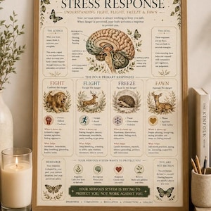 May include: A framed educational poster titled The Stress Response, featuring a central brain illustration and four sections detailing fight, flight, freeze, and fawn responses with animal icons, text descriptions, and botanical illustrations.