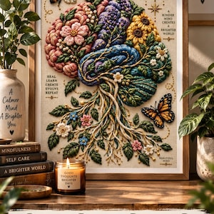 Könnte beinhalten: Ein gerahmter Kunstdruck mit dem Titel The Thought Garden, der ein gehirnförmiges Gartenmotiv mit bunten Blumen, Blättern, einer Biene und einem Schmetterling zeigt. Der Text lautet Heal, Learn, Create, Evolve, Repeat, A Kinder Mind Creates A Brighter World.