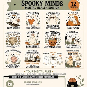 Könnte beinhalten: Ein digitales Paket mit dem Titel Spooky Minds Mental Health Edition, das 12 geisterthematische Illustrationen mit Text enthält. Die Designs zeigen Geister mit Gehirnen, Kürbissen und therapiebezogenen Sprüchen wie Overthinking Is My Cardio und Boundaries Are Spooky But Necessary. Enthält ein Google Drive-Link-Feld und Text, der besagt, dass 12 PNG- und 12 SVG-Dateien für den persönlichen und kommerziellen Gebrauch enthalten sind.