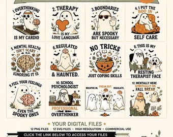 Paquete de archivos SVG de salud mental para Halloween, SVG de terapeuta, PNG de psicólogo escolar, fantasma, habilidades de afrontamiento, camiseta de consejero, diseños Cricut