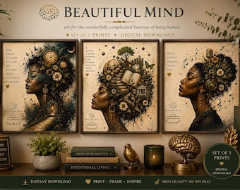 Beautiful Mind Set of 3 Prints Black Woman Wall Art Psychology Office Decor Inspirational Mind Art Digital Download