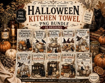 Halloween Kitchen Towel SVG Bundle Witchy Kitchen PNG Vintage Halloween Sublimation Designs Funny Fall Tea Towel Digital Download