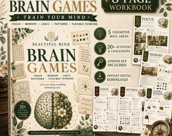 Cuaderno de ejercicios imprimible para adultos sobre juegos mentales: memoria, lógica, concentración, rompecabezas de patrones, actividades cognitivas, acertijos, descarga instantánea en PDF.