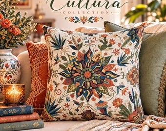 Woven Throw Pillow Hispanic Inspired Home Decor Folk Art Floral Pillow Boho Accent Pillow Colorful Botanical Cushion Cultura Collection