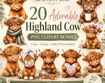 Highland Cow PNG Bundle 20 Cute Funny Cow Clipart Designs Floral Highland Cows Sublimation PNG Digital Download