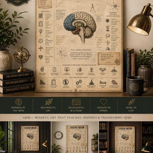 May include: A beige educational poster titled Executive Function, The Brain's Management System, featuring a detailed anatomical illustration of a human brain, various diagrams, and text explaining core skills, systems, and strategies for success.