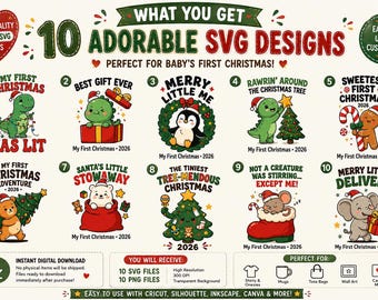 Baby First Christmas SVG Bundle 10 Cute Christmas SVG Designs Dinosaur Reindeer Penguin Gingerbread Cricut PNG Digital Download 2026