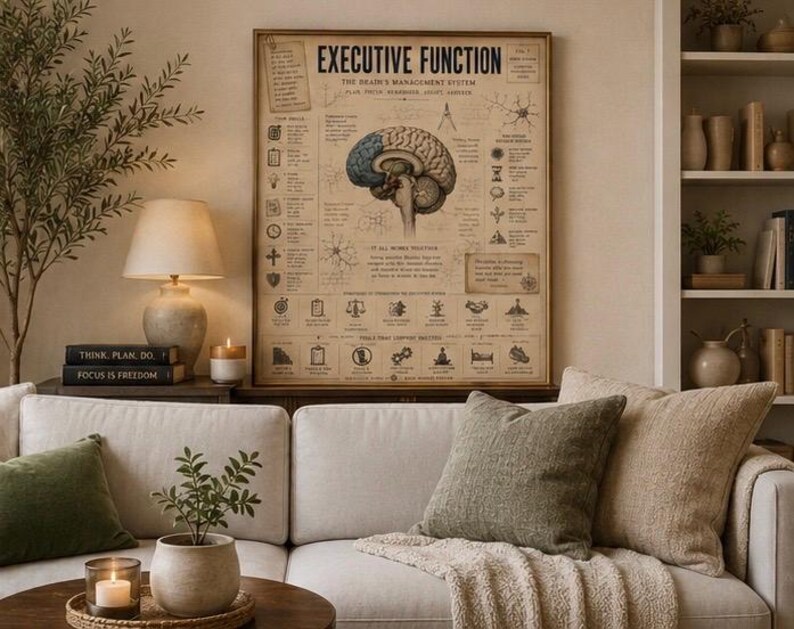 May include: A rectangular wall poster titled Executive Function, The Brain's Management System, featuring a central anatomical brain illustration, various icons, and detailed text diagrams on a vintage-style beige background with dark brown ink.