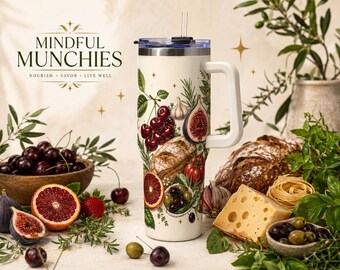 Mindful Munchies 40oz Tumbler Foodie Travel Cup Botanical Fruit Kitchen Gift Meal Prep Cup With Handle Coordinating Lunch Bag