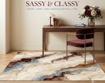 Tapete lavável de mármore elegante e sofisticado em tons de vinho, azul claro, creme e dourado com estampa abstrata. Ideal para decoração de casa e escritório.