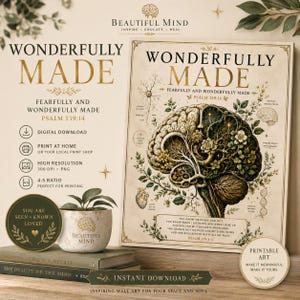 Op de afbeelding: Een wandkunstprint getiteld WONDERFULLY MADE met een gedetailleerde anatomische hersenillustratie verweven met florale elementen en de tekst van Psalm 139:14. Inclusief een kleine plant in pot, twee boeken en ronde decoratieve labels.