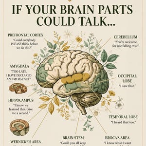Op de afbeelding: Een beige educatieve poster getiteld BEAUTIFUL MIND met een centrale illustratie van een menselijk brein omringd door botanische elementen. Het bevat labels voor hersendelen met bijbehorende humoristische citaten.