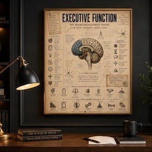 May include: A rectangular wall poster titled Executive Function: The Brain's Management System, featuring a central anatomical brain illustration, various diagrams, and text detailing cognitive processes on a vintage-style beige background.