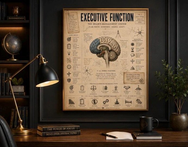 May include: A rectangular wall poster titled Executive Function: The Brain's Management System, featuring a central anatomical brain illustration, various diagrams, and text detailing cognitive processes on a vintage-style beige background.