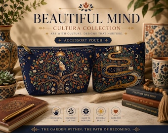 Beautiful Mind Cultura Collection Accessory Pouch Folk Art Cosmetic Bag Botanical Woman Travel Organizer Gift for Teacher Psychologist