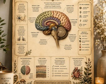 The Human Brain Poster Brain Anatomy Wall Art Psychology Neuroscience Decor Educational Science Print Therapist Office Classroom