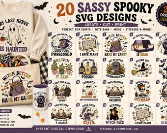 20 Sassy Halloween SVG Bundle Funny Spooky SVG Designs Witch Ghost Bat Halloween Shirt Cricut Sublimation Digital Download