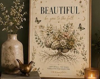 Beautiful Mind Botanical Brain Wall Art Printable Inspirational Mindset Poster Vintage Floral Psychology Decor Digital Download