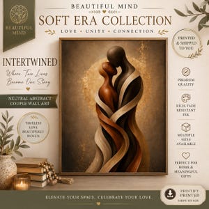 May include: A framed wall art print titled Soft Era Collection featuring an abstract illustration of two figures in brown and black tones intertwined with flowing ribbons against a golden circular background, surrounded by text and icons.