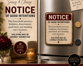 Notice of Good Intentions Magnet Funny Refrigerator Magnet Sassy Classy Kitchen Decor Gift for Women Beautiful Mind Collection