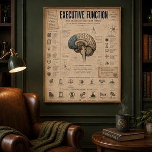 May include: A rectangular wall poster titled Executive Function: The Brain's Management System, featuring a central anatomical brain illustration, various diagrams, and text labels on a vintage-style beige background with dark brown typography.