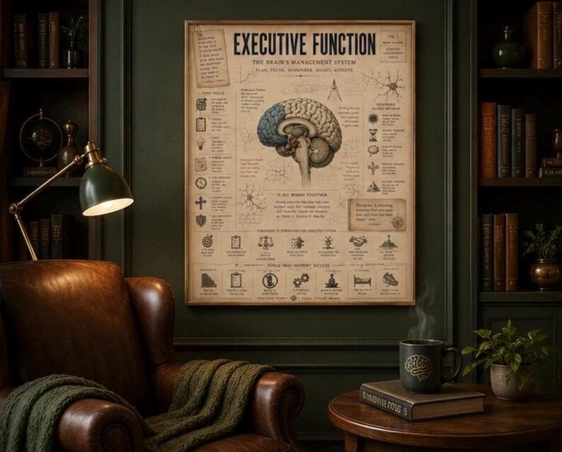 May include: A rectangular wall poster titled Executive Function: The Brain's Management System, featuring a central anatomical brain illustration, various diagrams, and text labels on a vintage-style beige background with dark brown typography.