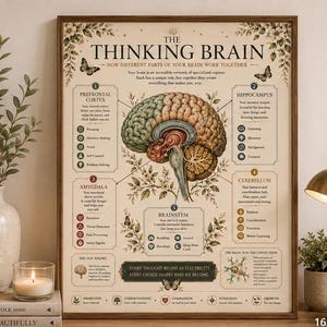 Op de afbeelding: Een ingelijste educatieve poster getiteld The Thinking Brain, met een gedetailleerde anatomische illustratie van het menselijk brein. De kaart labelt de prefrontale cortex, hippocampus, amygdala, cerebellum en hersenstam met tekst.