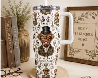 Highland Cow 40oz Tumbler with Handle Moo’d and Manners Cup Funny Cow Gift Country Chic Travel Mug Lavender Floral Tumbler