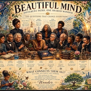 May include: A detailed poster titled Beautiful Mind featuring portraits of historical figures like Carl Sagan and Albert Einstein. The artwork includes text, floral borders, a galaxy, a dove, and philosophical questions about humanity and science.