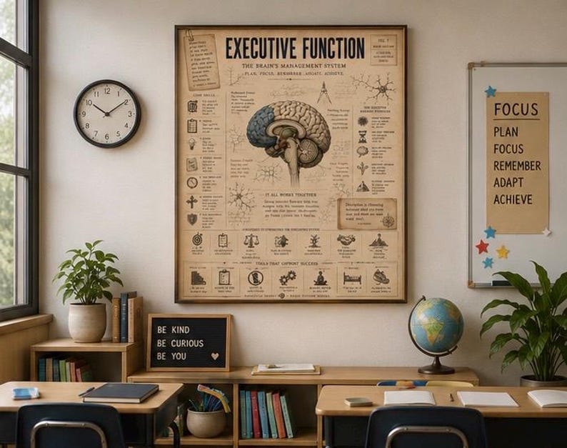 May include: A framed educational poster titled Executive Function featuring a detailed anatomical illustration of a human brain, surrounded by various icons, diagrams, and text explaining cognitive processes, displayed on a light-colored wall.