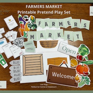 May include: A printable pretend play set with a farmers market theme. Includes paper cutouts of vegetables, signs that say "Farmers Market", "Welcome", and "Open", play money, and price tags. The set is designed for ages 3-7.