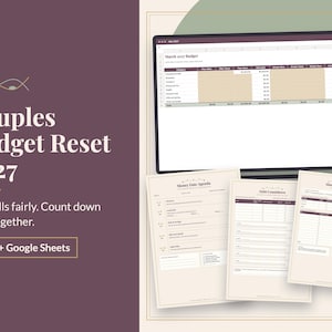 May include: A digital budget planner titled Couples Budget Reset 2027, featuring a laptop screen displaying a March 2027 budget spreadsheet and three printed pages labeled Money Date Agenda, Debt Countdown, and Shared Bill Split.