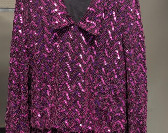 Vintage 1980s Fuchsia Sequin Chevron Blouse - Near Mint Condition - Shiny Magenta Disco Top - Unworn with Black NP Snap Cuffs - Size Medium