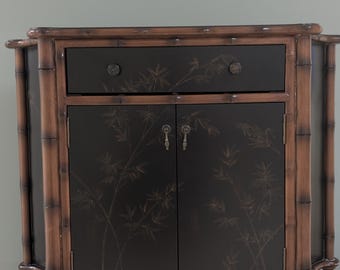Vintage Bombay Co Chinoiserie Accent Chest | Faux Bamboo Black Lacquer Sideboard | Hand Painted Floral Cabinet with Serpentine Scalloped Top