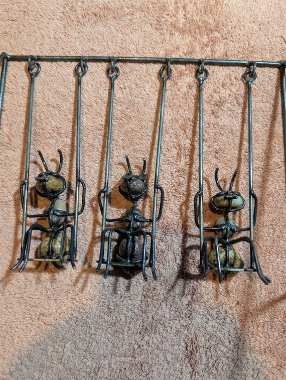 Hand-Forged Metal Ant Swing Sculpture - 16 Years Experience - Unique River Stone Art - 12x11x8" - 2lbs - Artisan Masterpiece Since 2010