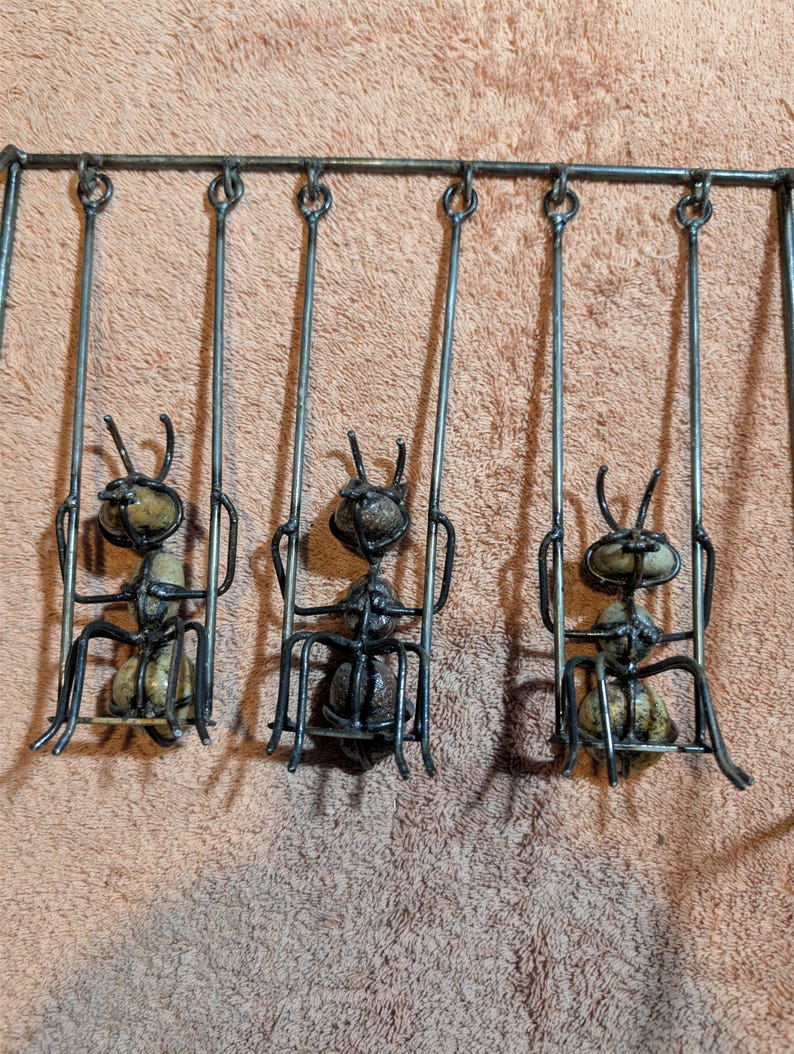 Hand-Forged Metal Ant Swing Sculpture - 16 Years Experience - Unique River Stone Art - 12x11x8" - 2lbs - Artisan Masterpiece Since 2010 image 1